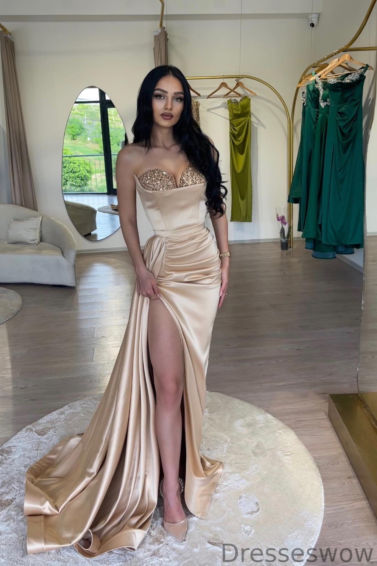 Dresseswow Champagne Sweethear High Slit Prom Dress Mermaid With Sequins Ruffle