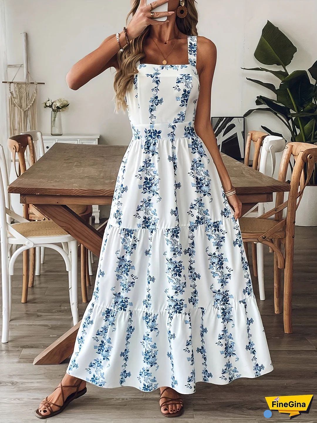 Women's Floral Print Sleeveless Dress With Adjustable Waist Tie - Lightweight Summer Casual To Office Wear, Machine Washable Blue Floral On White, Floral Print Dress, Vacation Outfit, Offshoulder Fashion, Relaxed Fit