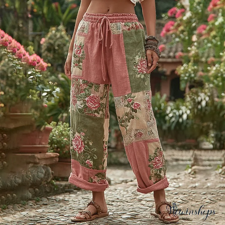 Vintage Retro Rose And Floral Patchwork Art Linen Pants
