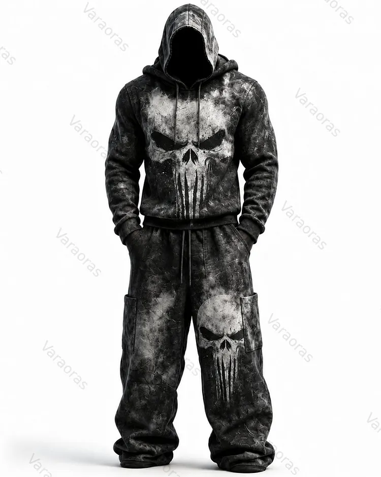 Men's Fashion Skull Contrast Color Embroidered Hoodie & Pants Two-Piece Set 6375