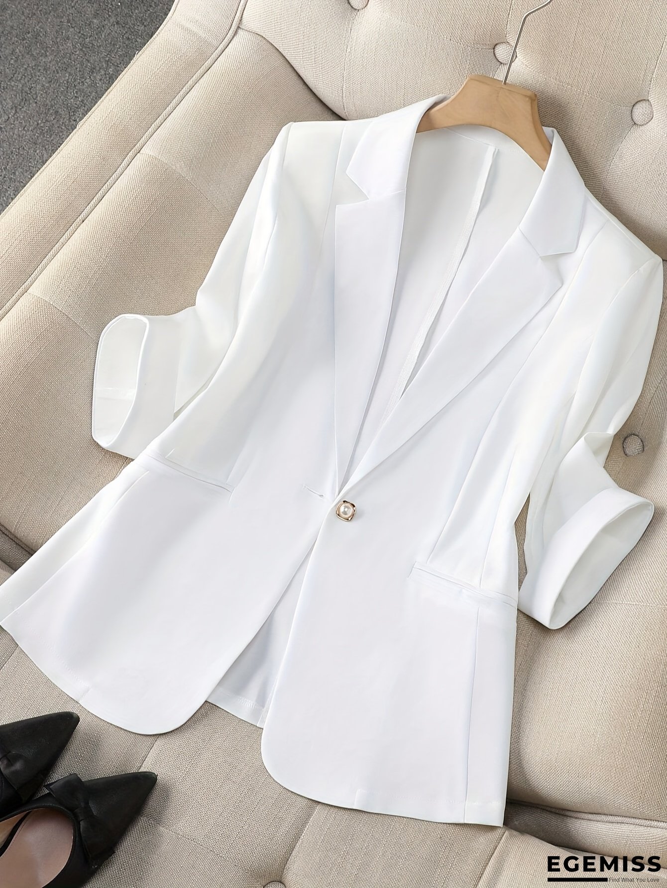Ladies' Thin White Casual Blazer, 3/4 Sleeves, New 2025 Spring Summer Office Wear Top | EGEMISS