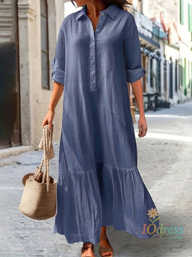 IO Dress Cotton Linen Long Dress Women Long Sleeve Button Solid Color Casual Ruffles Loose Dresses Spring Autumn Comfortable Shirt Dress IO Dress