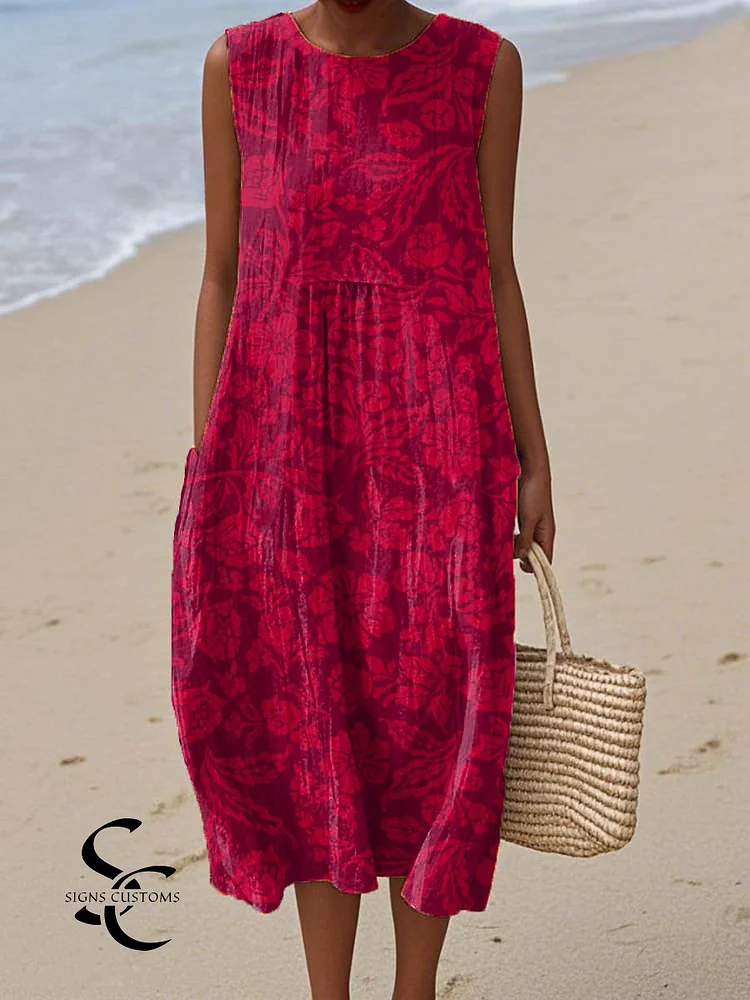 Women's Vintage Lovely Floral Pattern Art Print Sleeveless Cotton Pocket Wrap Dress