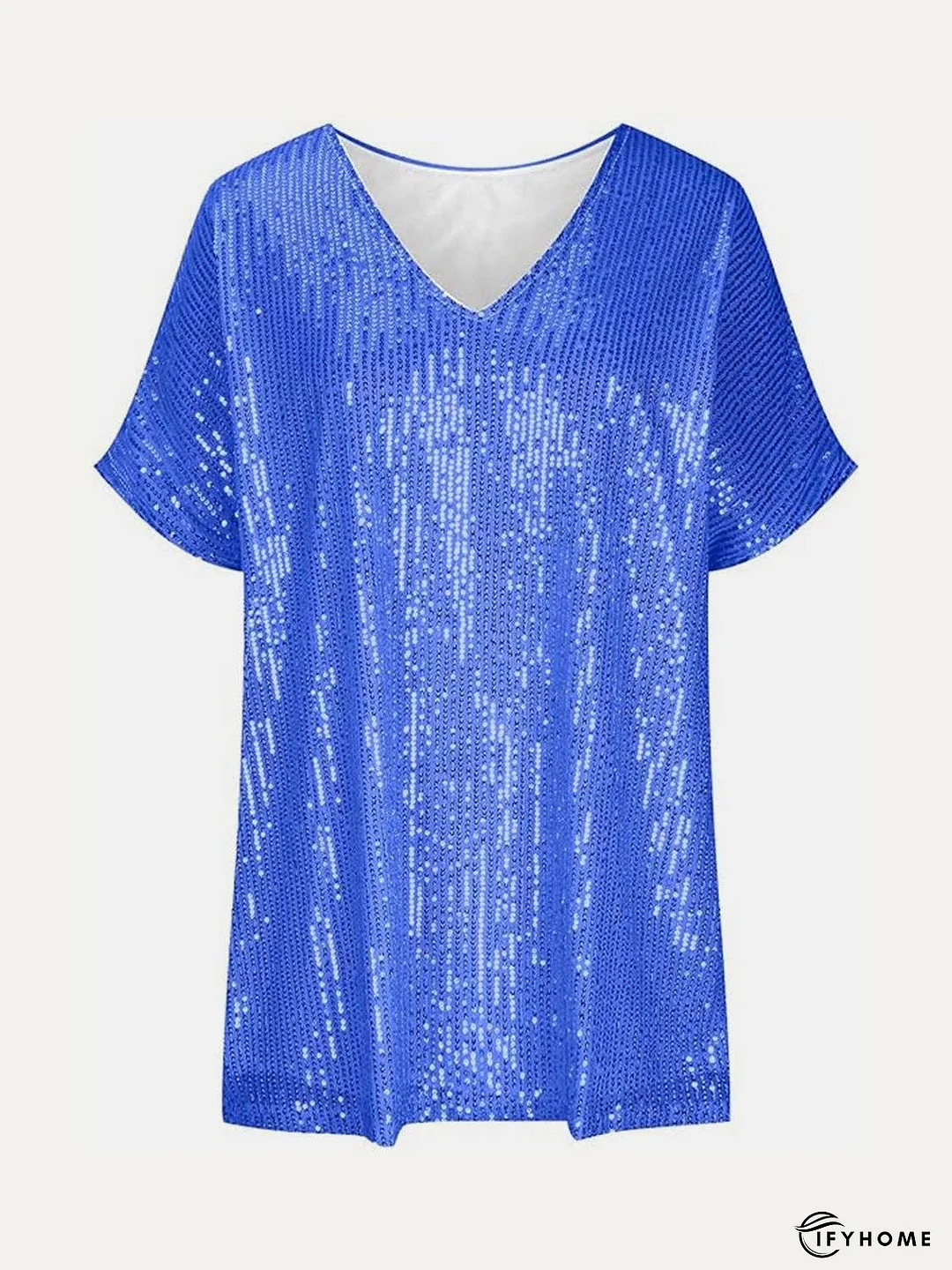 Full Size Sequin V-Neck Short Sleeve Top | IFYHOME