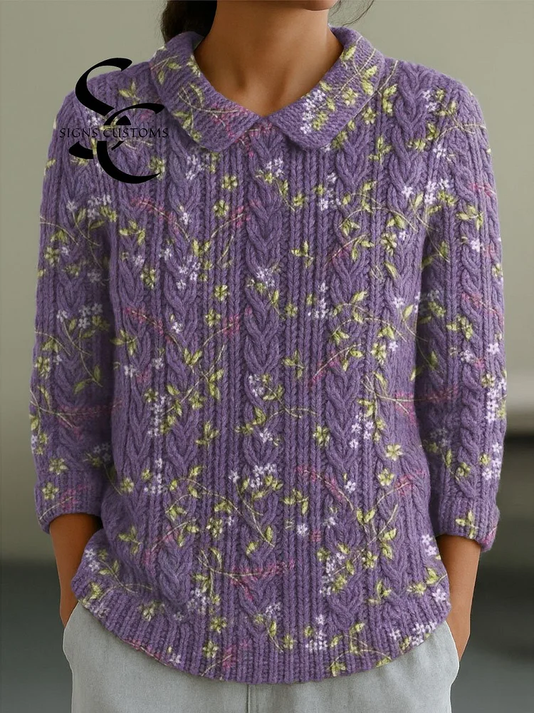 Women's Vintage Floral Art Print Casual Peter Pan Collar 3/4 Sleeve Sweater