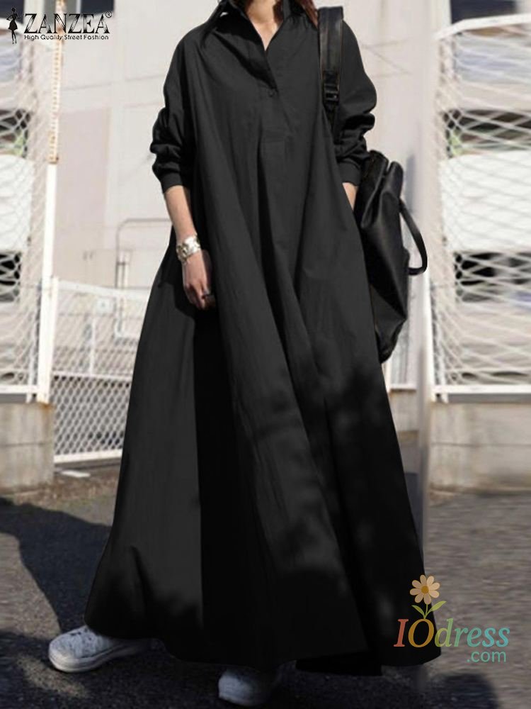 IO Dress choice Women's Dress Autumn Long Sleeve Shirt Dress Loose Oversized Maxi Kaftan Woman Lapel Solid Half-Button A-line Sundress