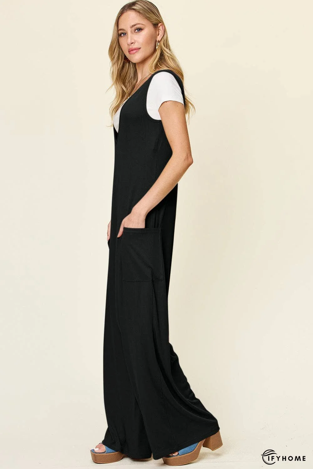 Double Take Full Size Sleeveless Wide Leg Jumpsuit with Pockets | IFYHOME