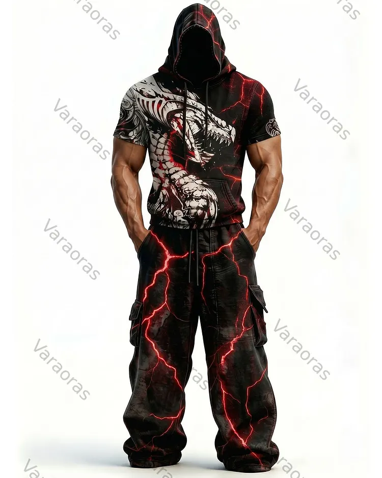 Men's Fashion Viking Contrast Color Embroidered Hoodie & Pants Two-Piece Set 2175