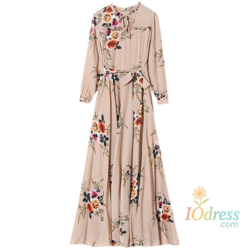 IO Dress Long-sleeved Dress Chiffon New Product New Korean Style Floral Autumn and Winter Medium-length