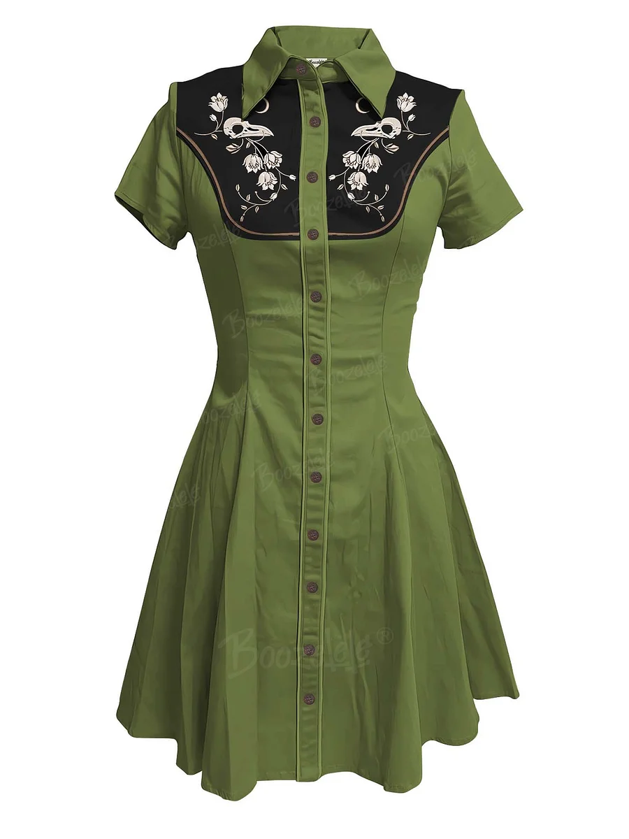 Skeleton Crow Head And Flower Embroidery Women's Western Cowboy Double  Pocket Dress Short Sleeve Buttondown 100% Cotton
