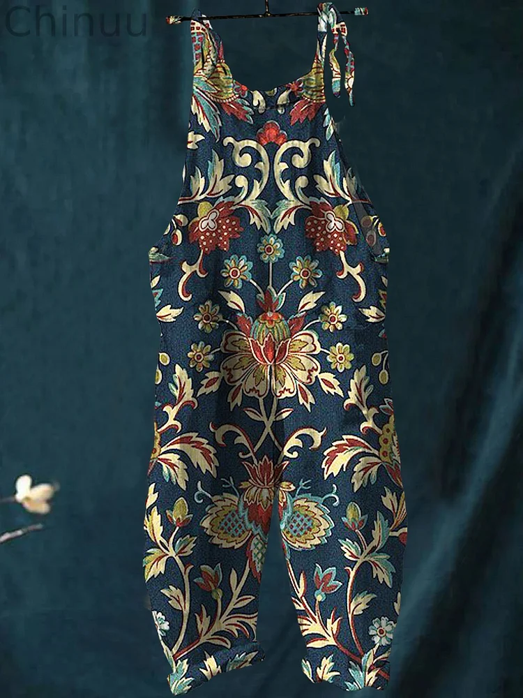 Women's Vintage Lovely Floral Art Print Casual 100% Cotton Wide Leg Jumpsuit
