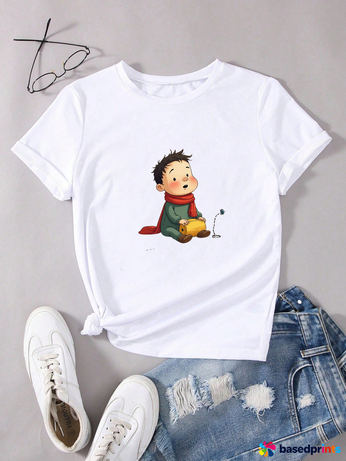 White Cartoon Boy T-Shirt Short Sleeve Casual Tee
