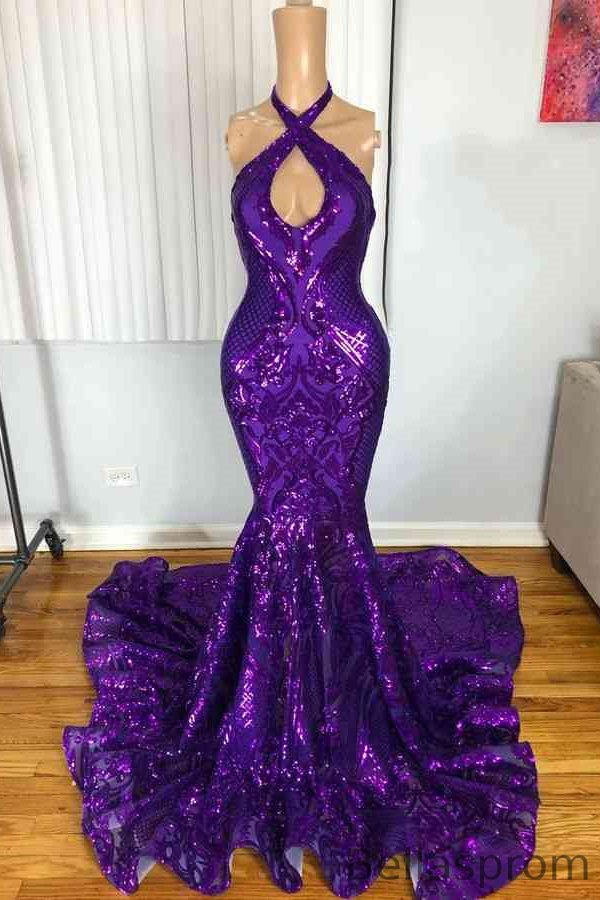 Bellasprom Purple Halter Sleeveless Mermaid Prom Dress With Sequins Bellasprom