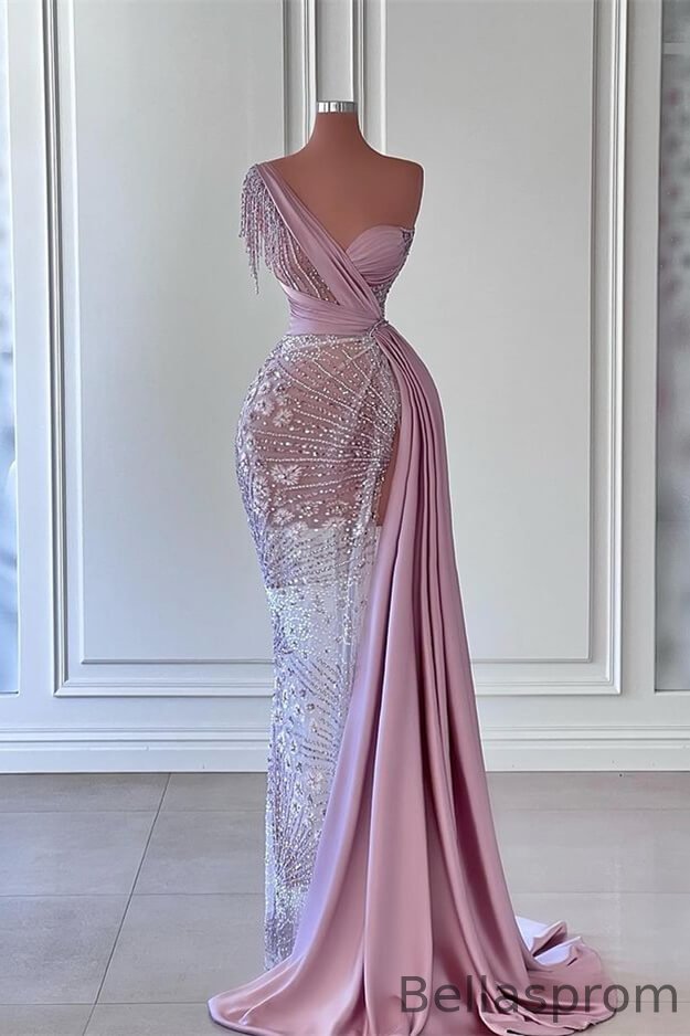 Bellasprom One Shoulder Beadings Mermaid Prom Dress Long Split With Tassels Bellasprom