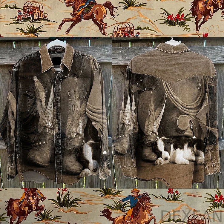 Vintage Western Cowboy Country Style Dog Art Print Casual Shirt
