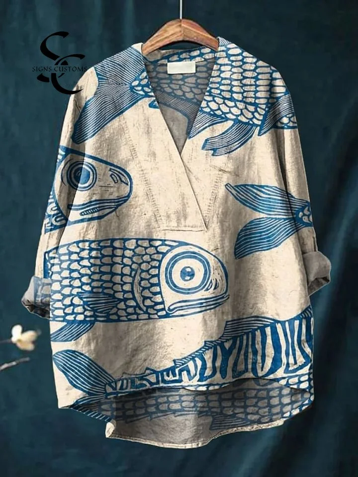 Women's Blue Minimalist Line Fish Print Casual Cotton And Linen V-neck Shirt