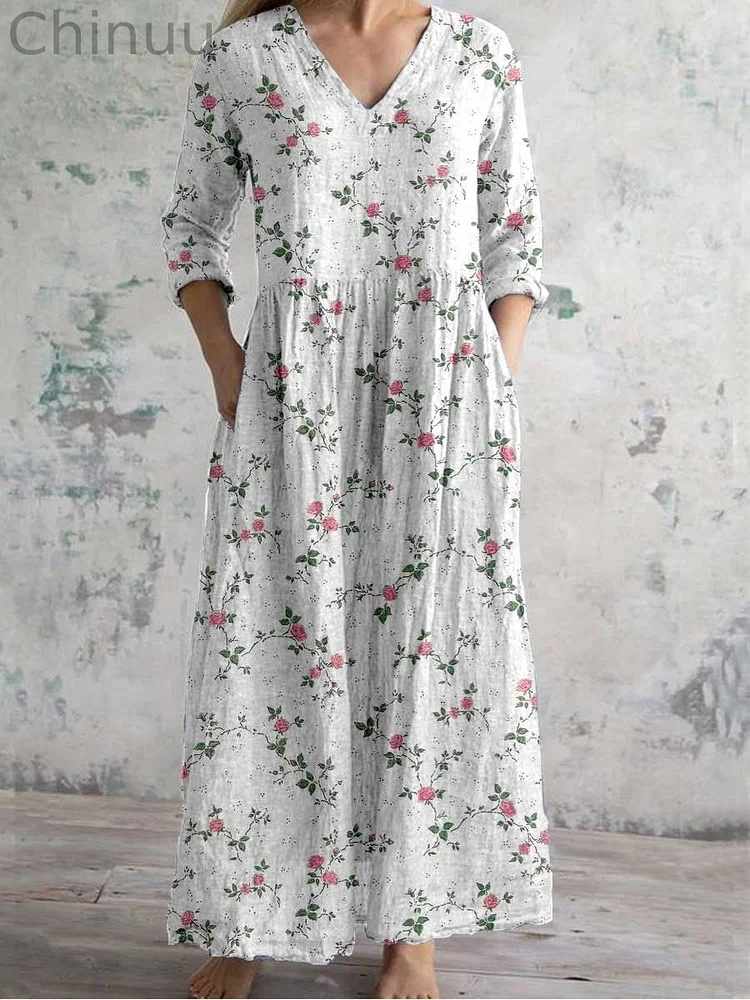 Women's V-neck Elegant Simple Floral Pattern Cotton And Linen Dress With Pockets