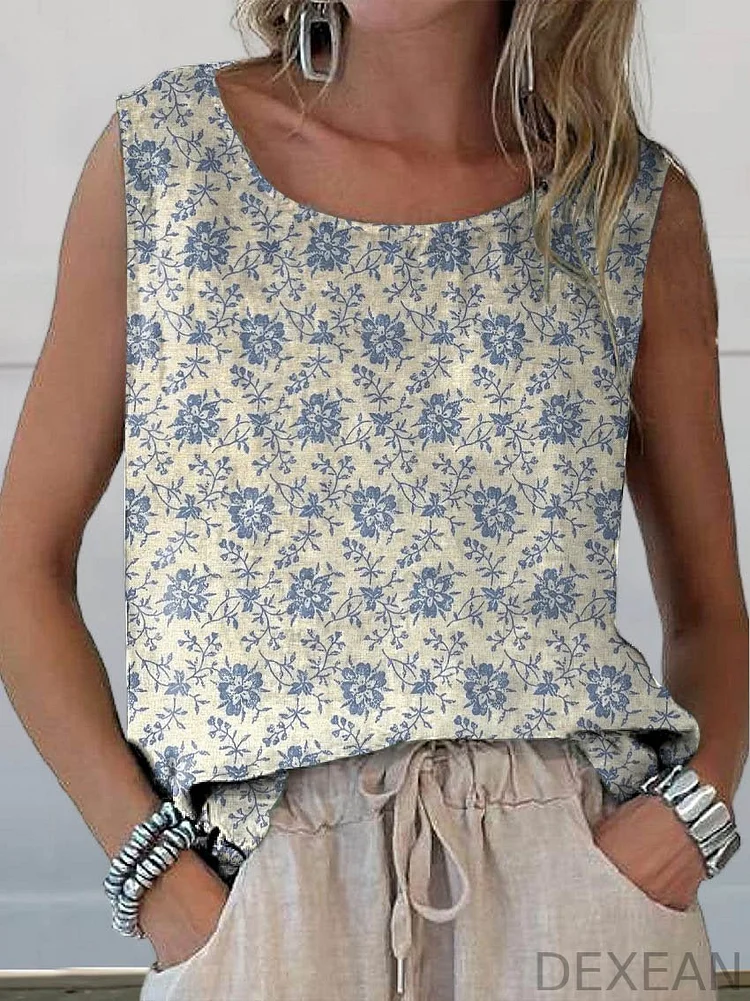 Women's Retro Elegant Floral Art Print Casual Cotton And Linen Tank Top