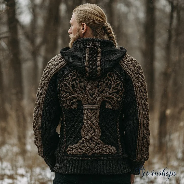 Men's Viking Tree Of Life Celtic Knot Art Jacquard Chunky Knitted Cozy Hooded Sweater