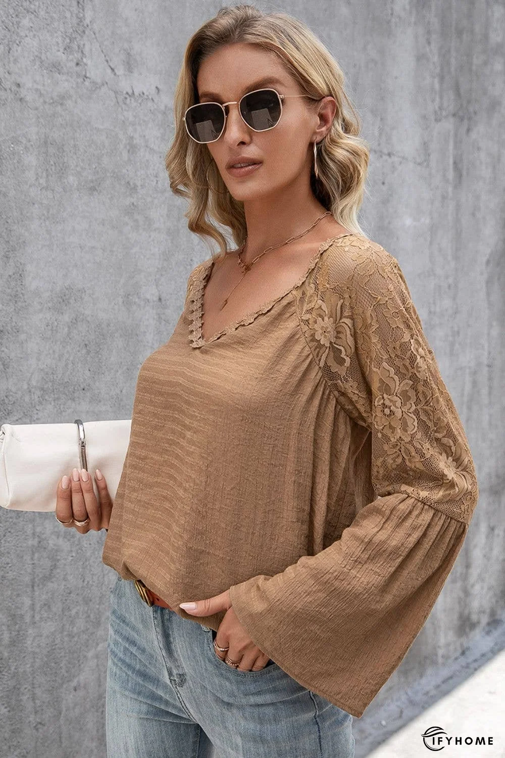 V-Neck Spliced Lace Flare Sleeve Top | IFYHOME