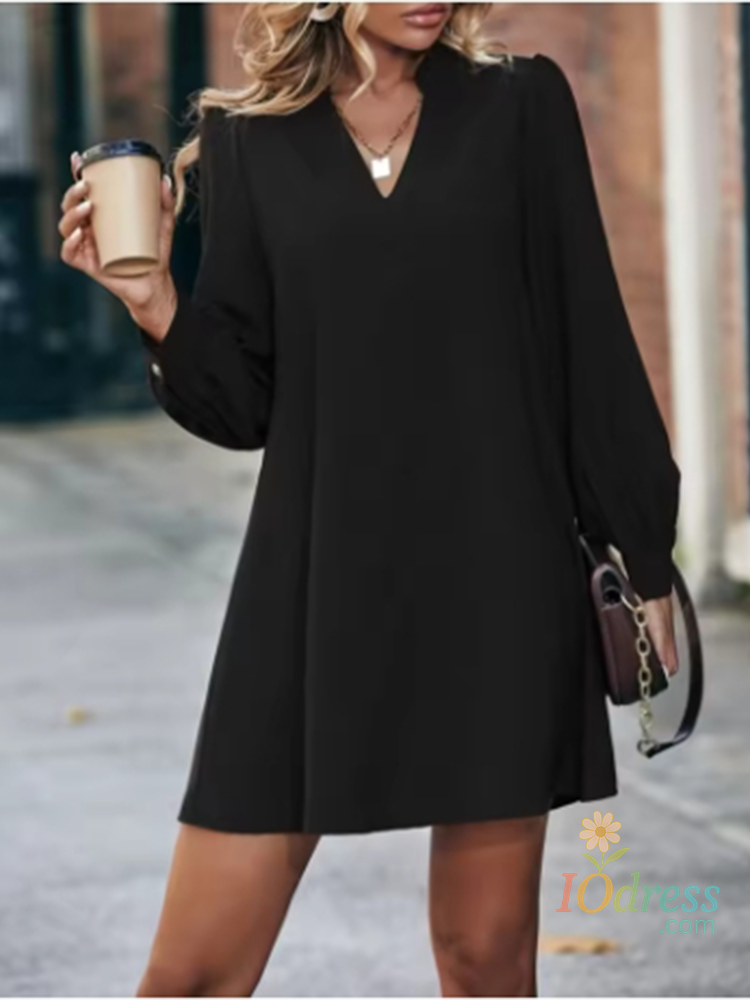 IO Dress Elegant Long Sleeved Solid Color V-neck Women's Dress Loose Casual Daily Commuting Style Autumn Dress