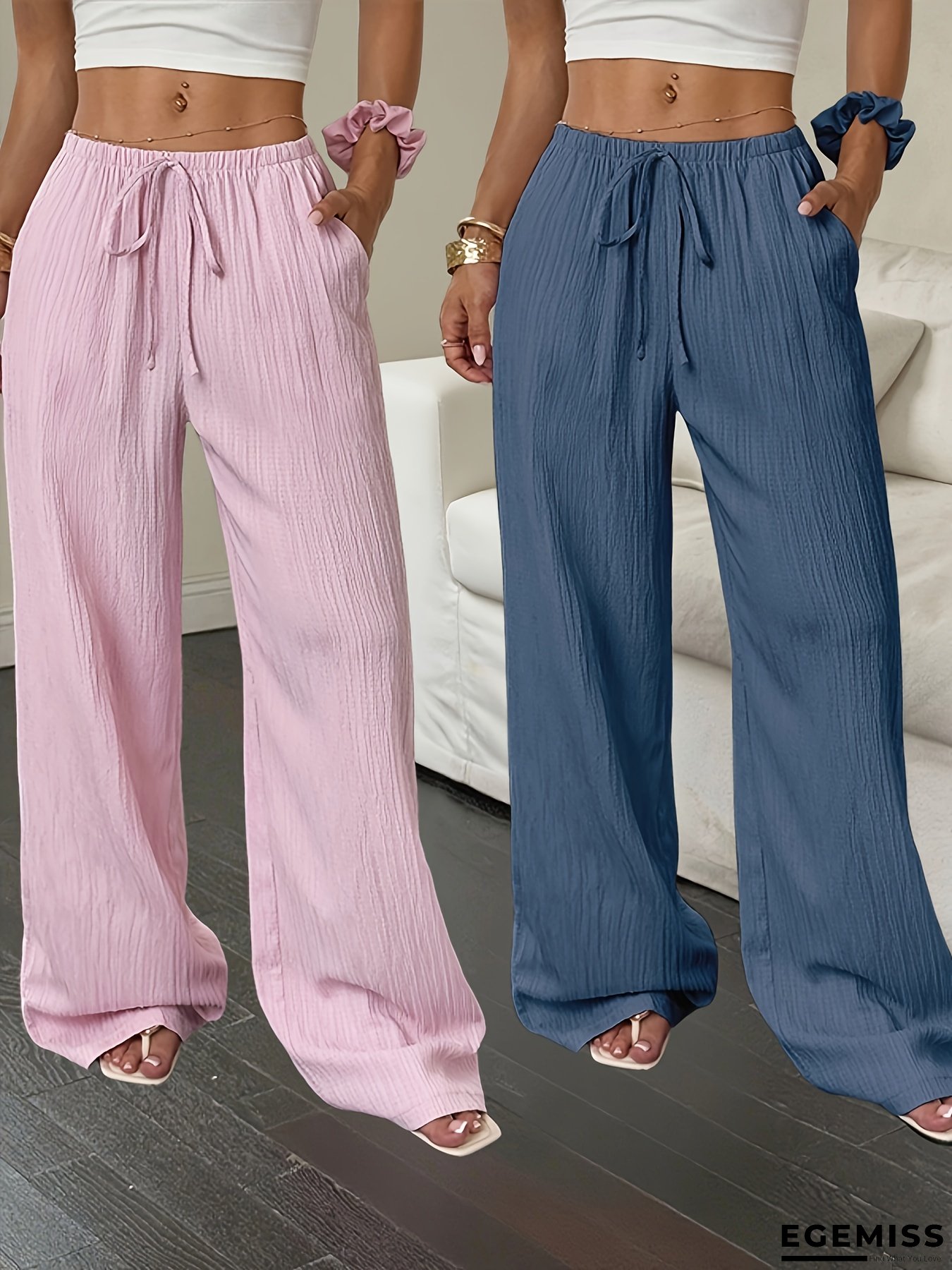 Women's Solid Color Waist Pocket Wide Leg Long Trousers Two-Pack | EGEMISS