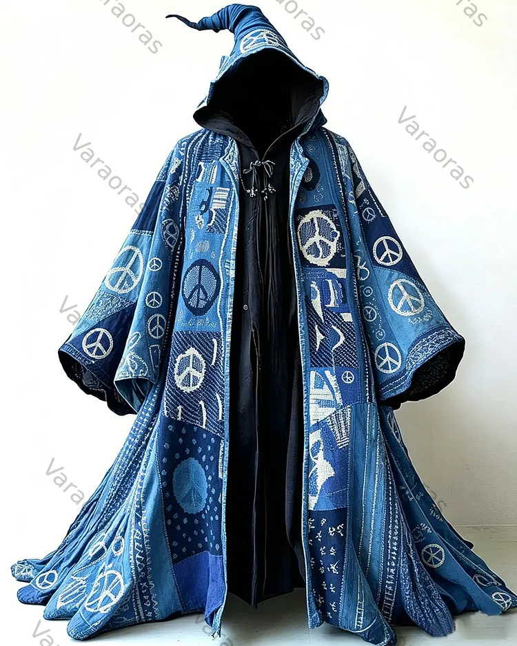 Men's fashionable hippie peace symbol print patchwork cotton and linen hooded cape 5317