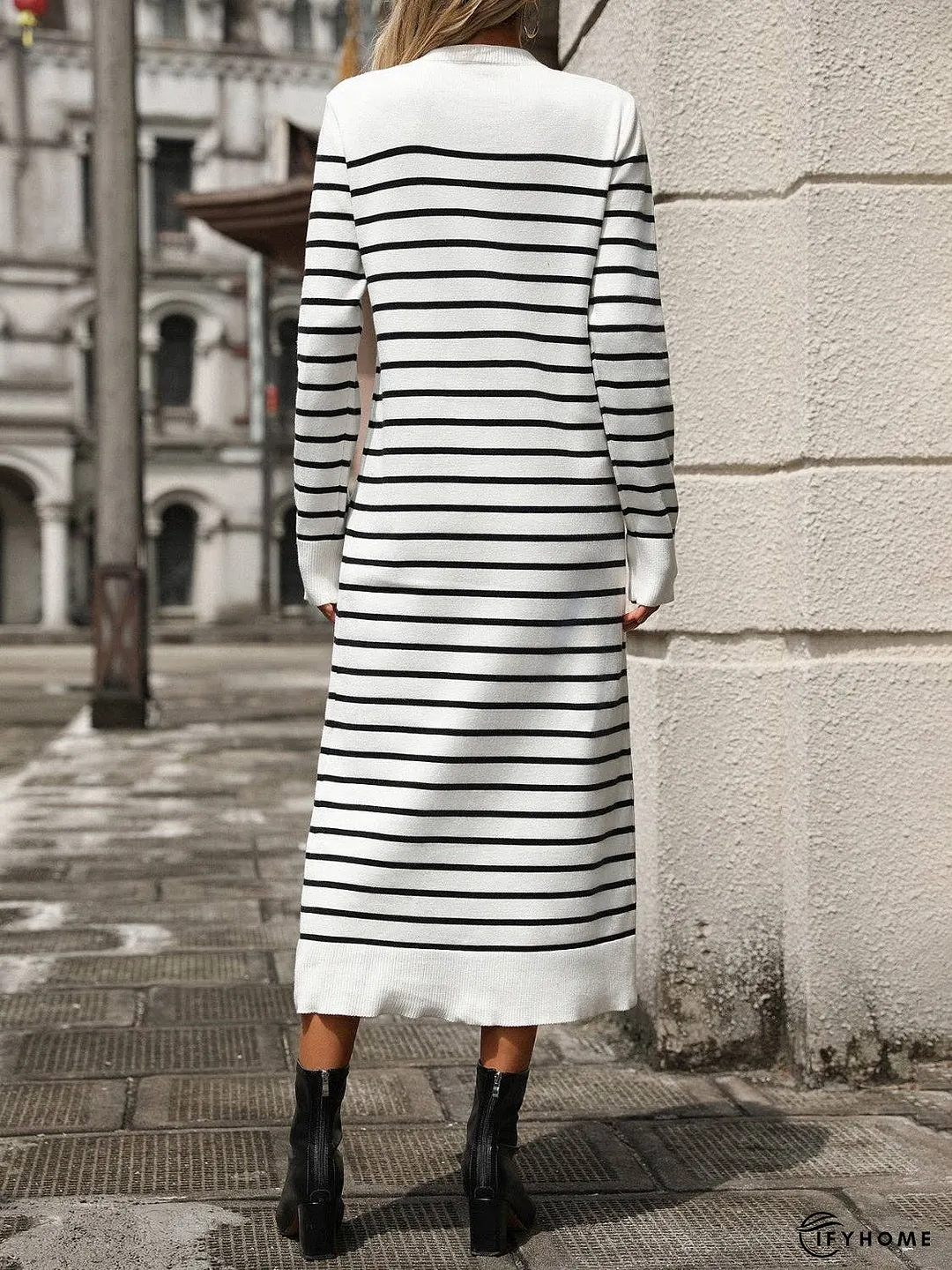 Striped Round Neck Long Sleeve Dress | IFYHOME