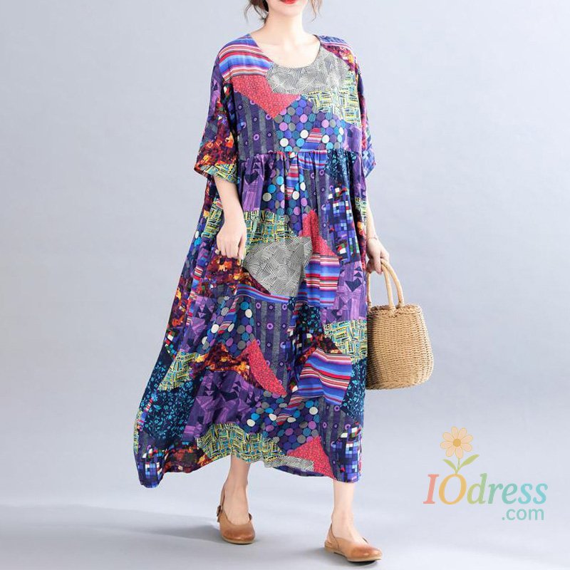IO Dress Plus size women's dress, abstract pattern printed short sleeved round neck ultra loose robe, summer beach dress with pockets