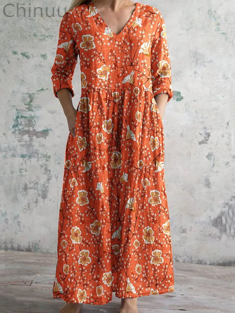 Women's Elegant Vintage Floral Pattern Cotton Dress With Pockets