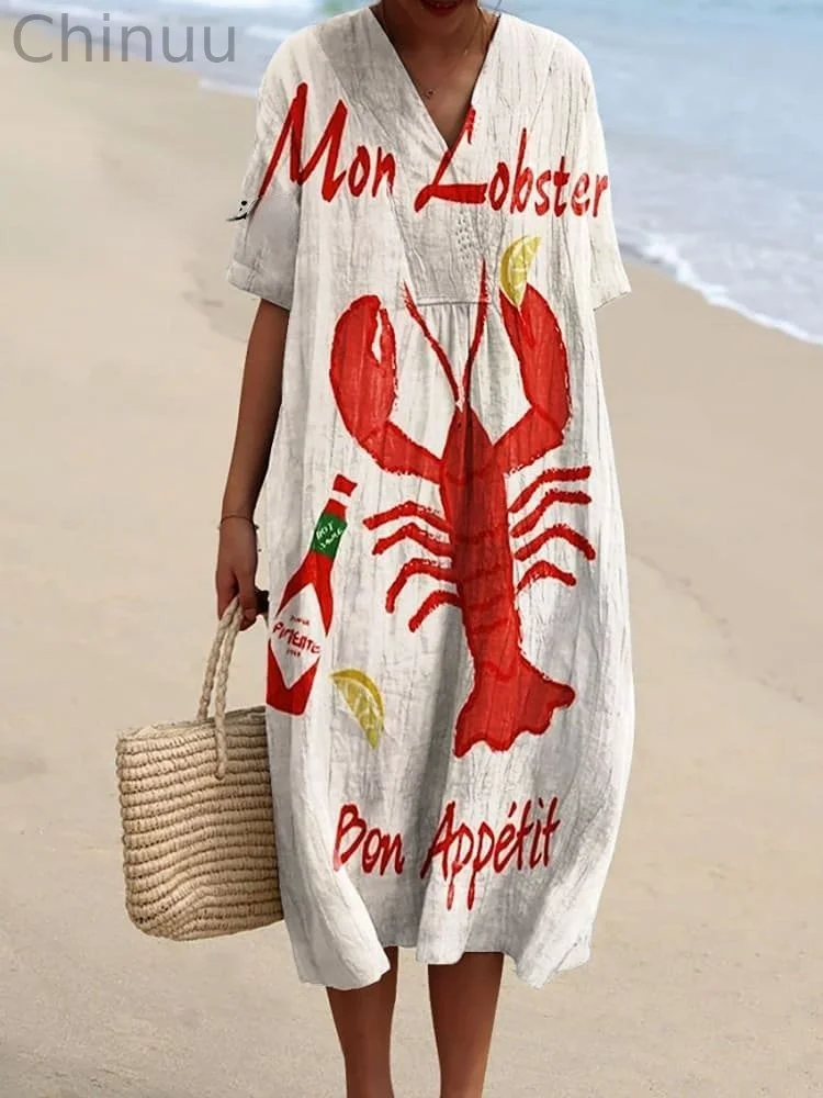 Women's Vintage Lobster Art Print Flowy Dress