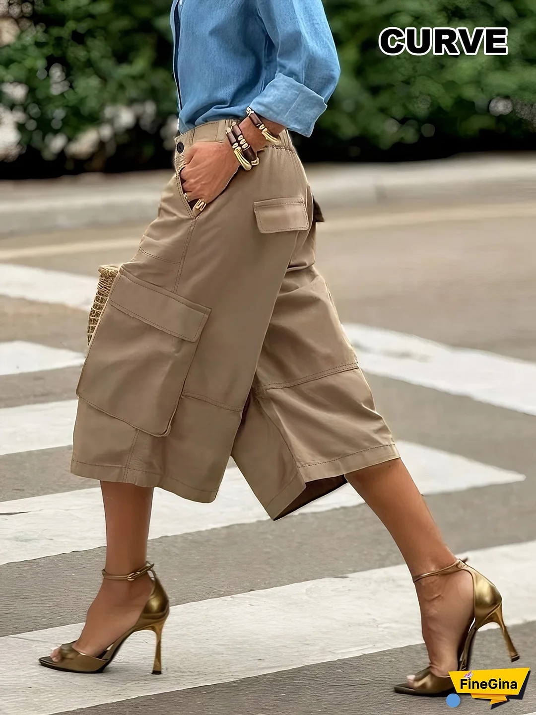 Plus Size - Spring And Summer Fashion Plus-Size Shorts, Women‘s Cargo Shorts, Plus-Size Pants, High-Waisted Loose Design with Large Pockets, And Casual Mid-Length Shorts, Versatile Outdoor Commuting Trendy Shorts.