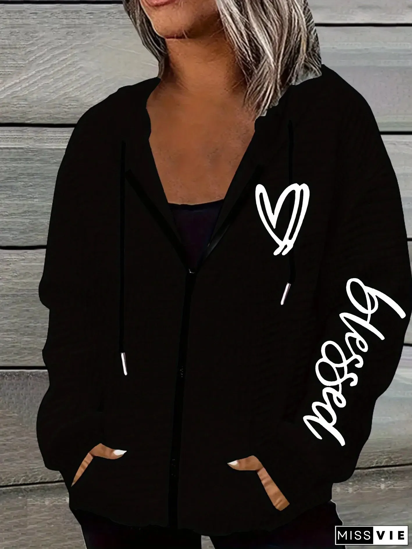 Womens Casual Polyester Hooded Jacket with Love Print Geometric Pattern Zipper Closure