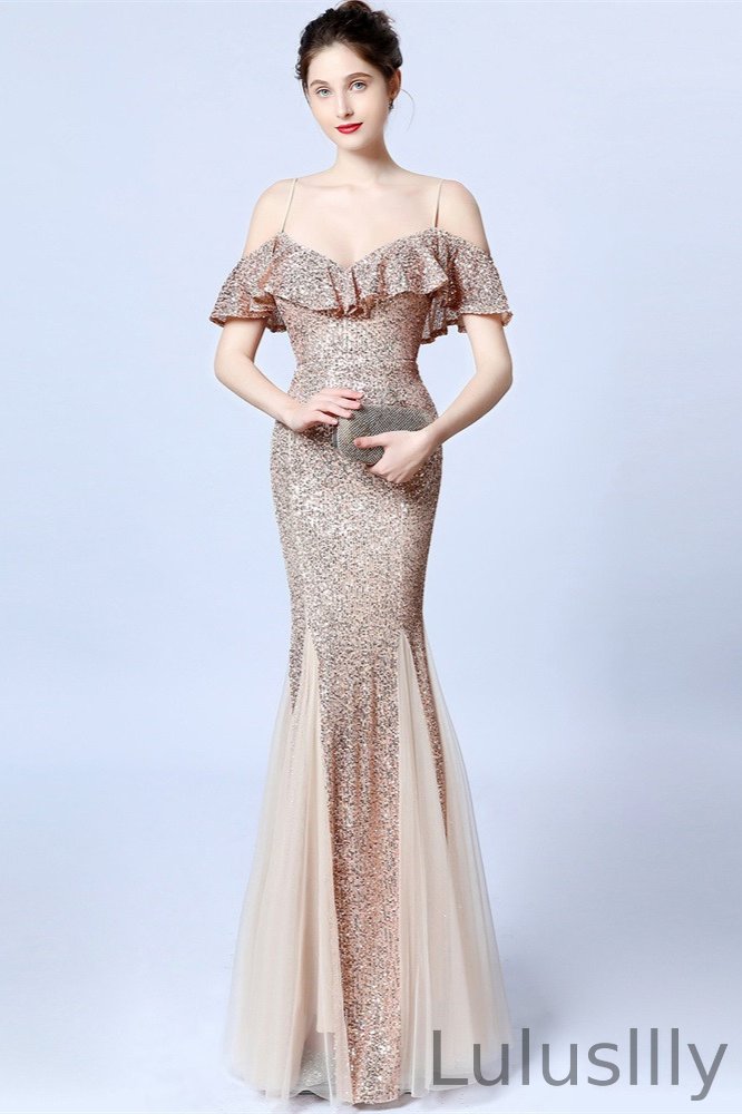 Gorgeous Ruffles Sequins Prom Dress Mermaid Long Evening Gowns - lulusllly