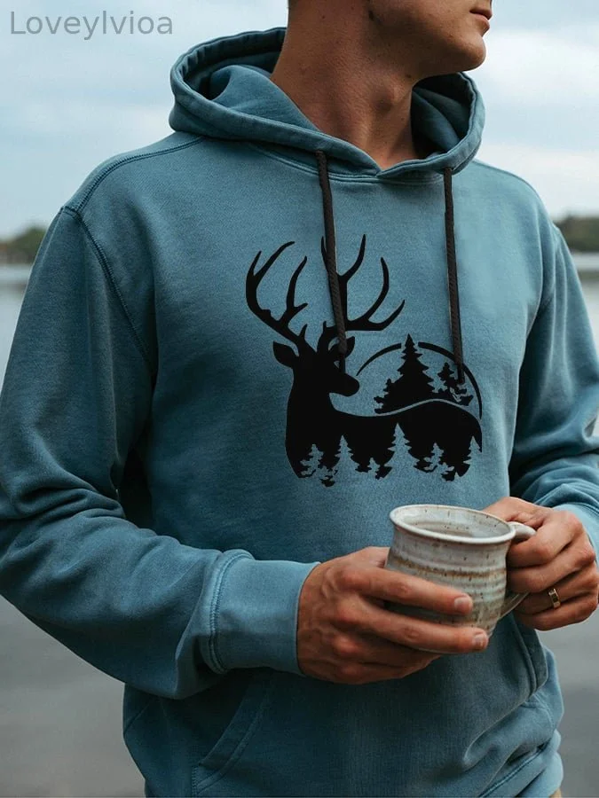 Casual Vintage Elk Print Hoodie