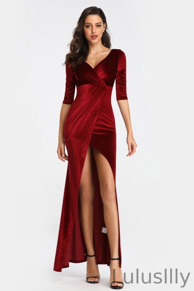 Half Sleeve Velvet Prom Dresses Long Split Evening Gowns - lulusllly