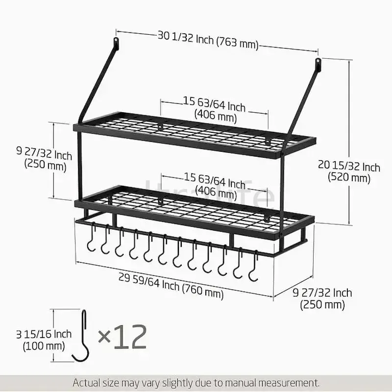 2‑Tier Wall Mounted Pot and Pan Rack, Metal Hanging Kitchen Storage Shelf with Multiple Hooks, Multi‑Purpose Wall Organizer for Cookware, Tools & Utensils eltralife