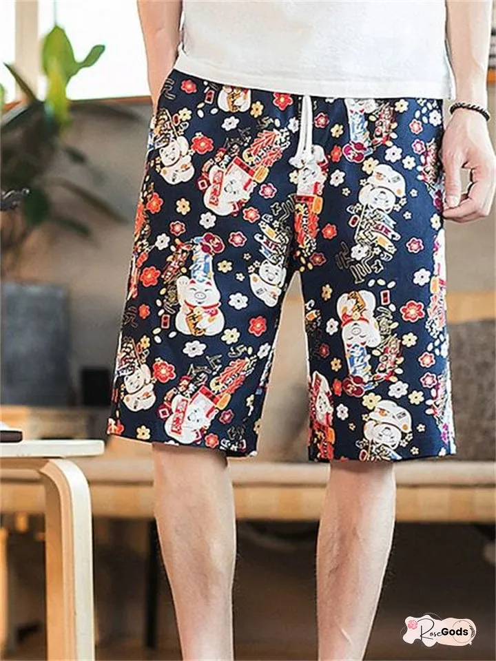 Men's Beach Shorts Drawstring Waist Straight Printed Shorts Blue Red