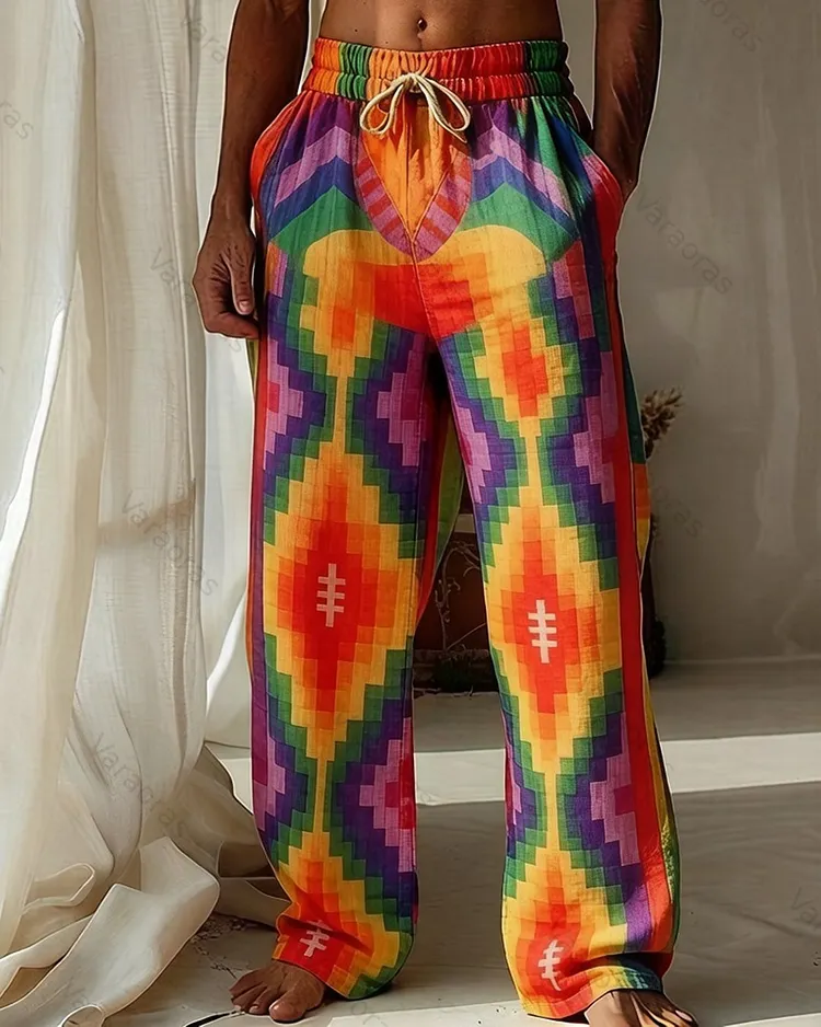 Men's Music Festival-Themed Colorful Diamond-Print Trousers 3866