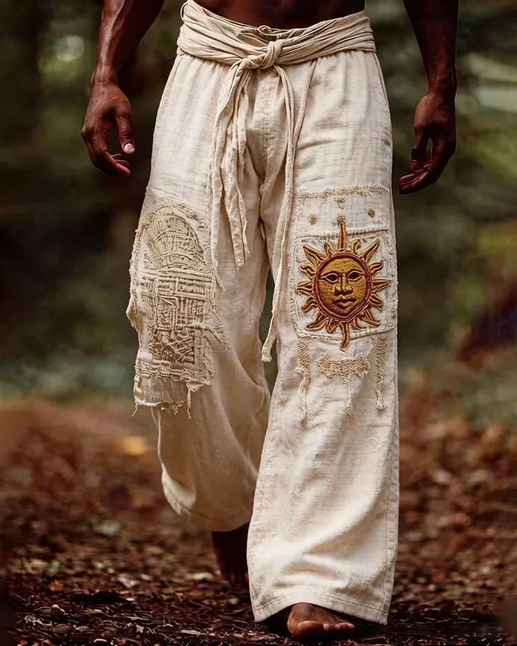 Men's Summer Fashion Color-Blocked Star and Moon Embroidered Long Pants 2617