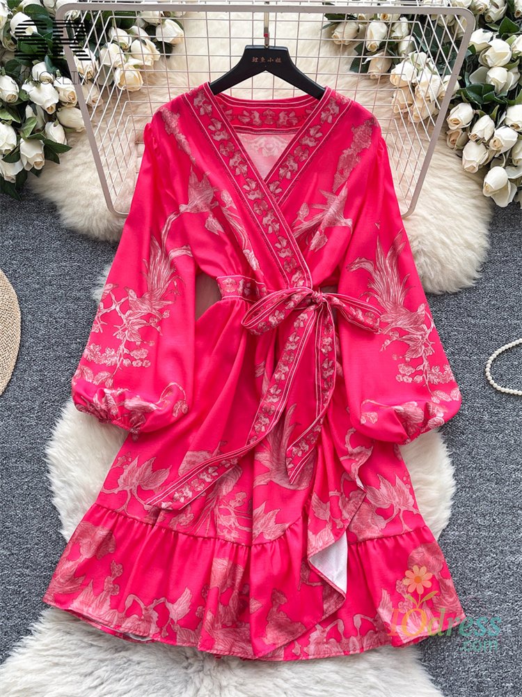 IO Dress SINGREINY Autumn Vintage Print Party Dress Female V Neck Cross Lace Up Design Lantern Sleeve Court French Style Women's Dress IO Dress