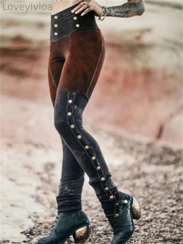 Contrast Color Patchwork Button Accent Leggings