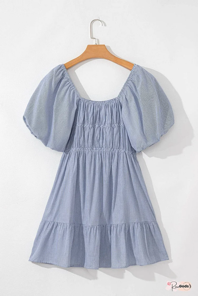 Stripe Bubble Sleeve Square Neck Pocketed Babydoll Dress