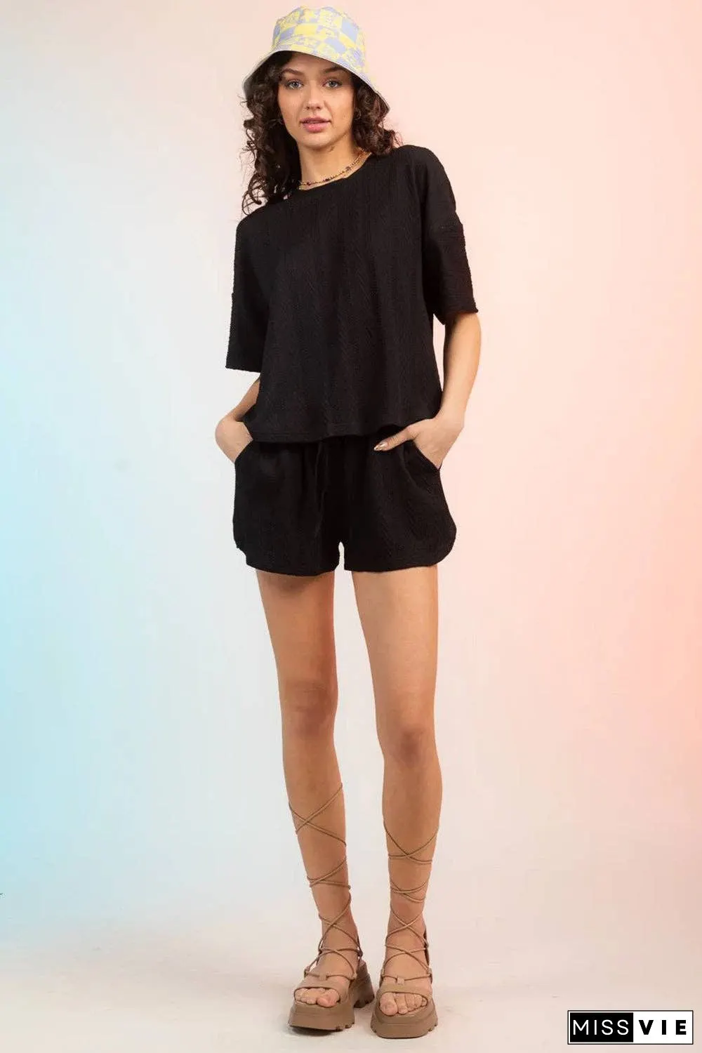 Textured Round Neck Top and Shorts Set