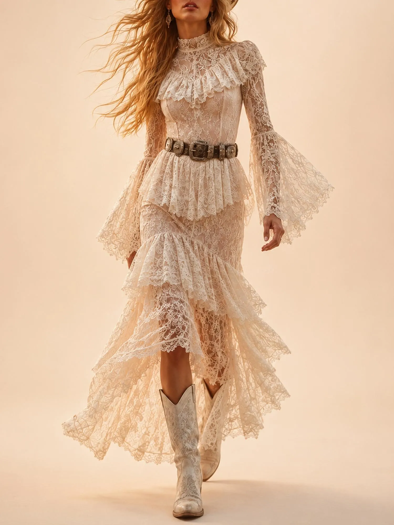 Perfect for a Western Country Wedding & Outdoor Party &mdash; Women's High-Neck Tiered Ruffle Bell-Sleeve Breathable Lace Maxi Dress