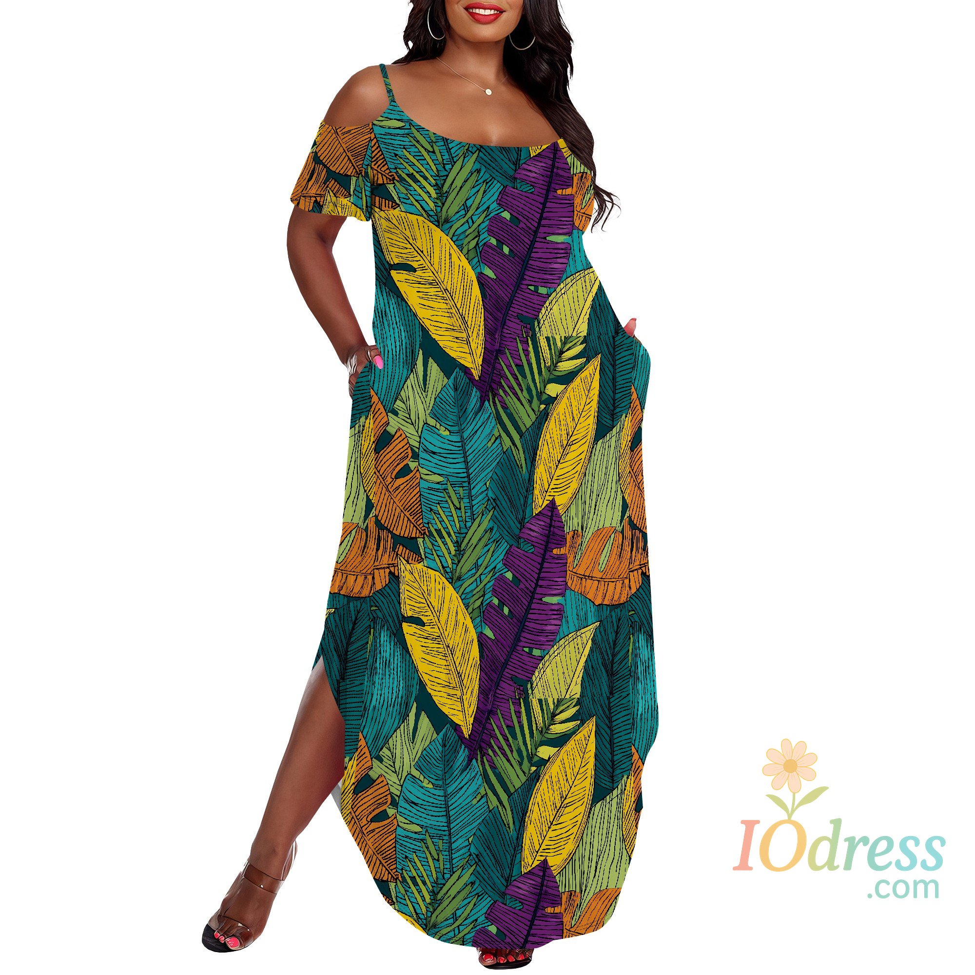 IO Dress Plus Size Colorful Leaf Print Maxi Dress Off Shoulder Casual Loose Fit Summer Party Dress