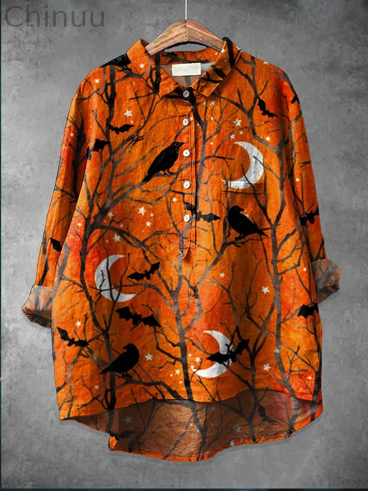 Women's  Halloween   Crow  Art  Print Casual Cotton And Linen Shirt