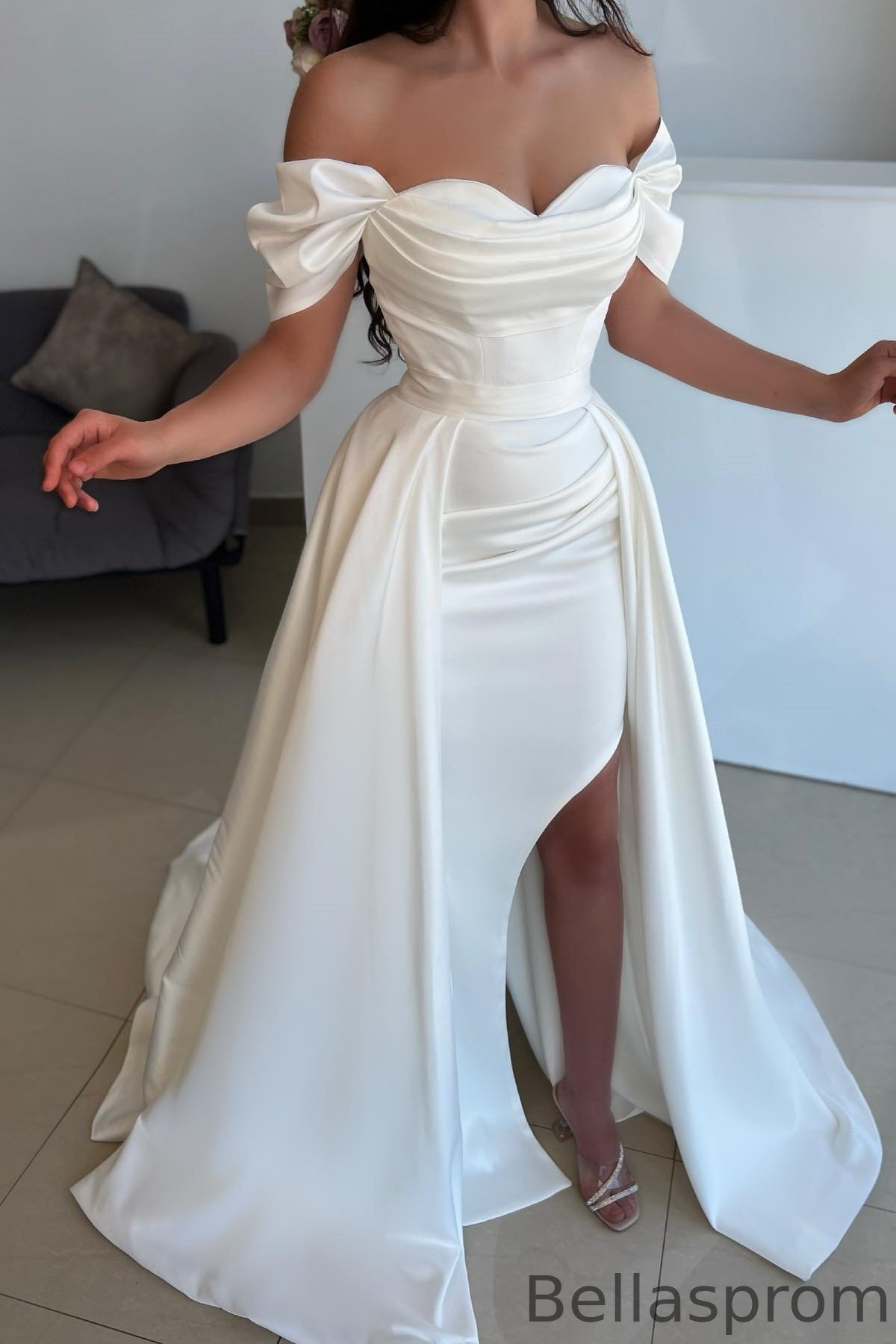 Bellasprom White Off-The-Shoulder Sweetheart Mermaid Prom Dress Detachable Skirt With Split Bellasprom