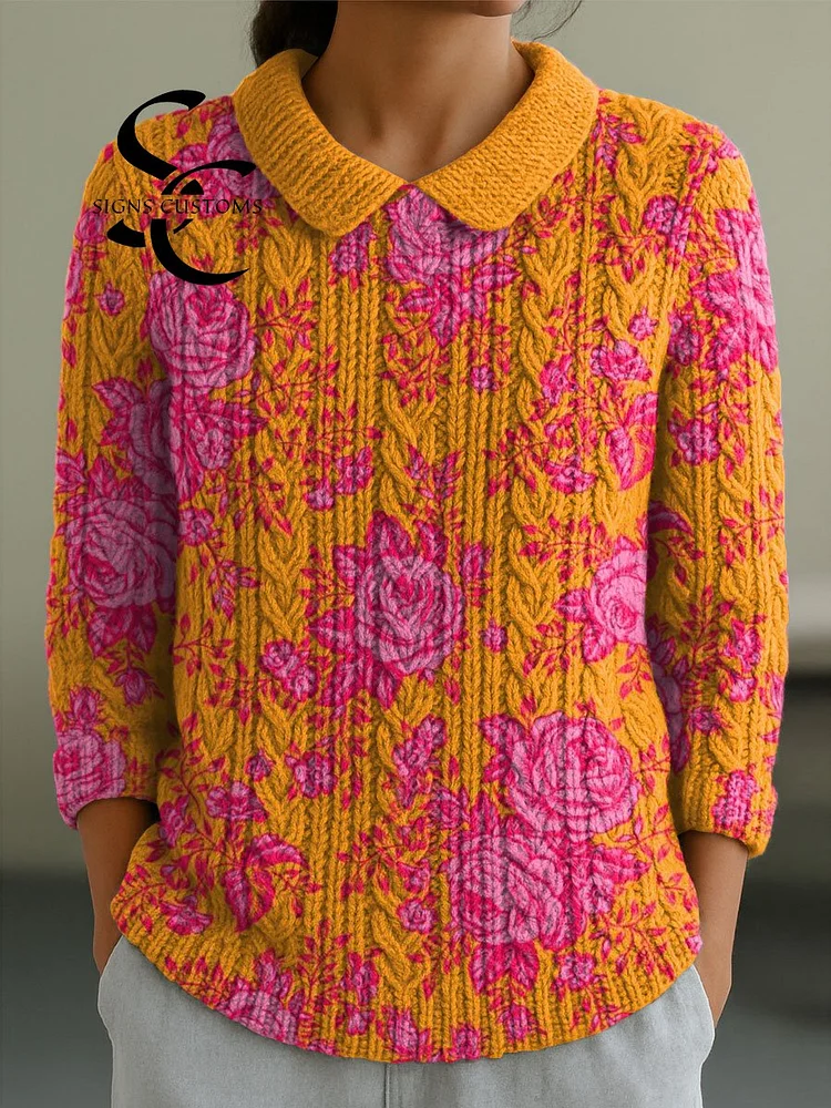 Women's Flowers Casual Peter Pan Collar 3/4 Sleeve Sweater