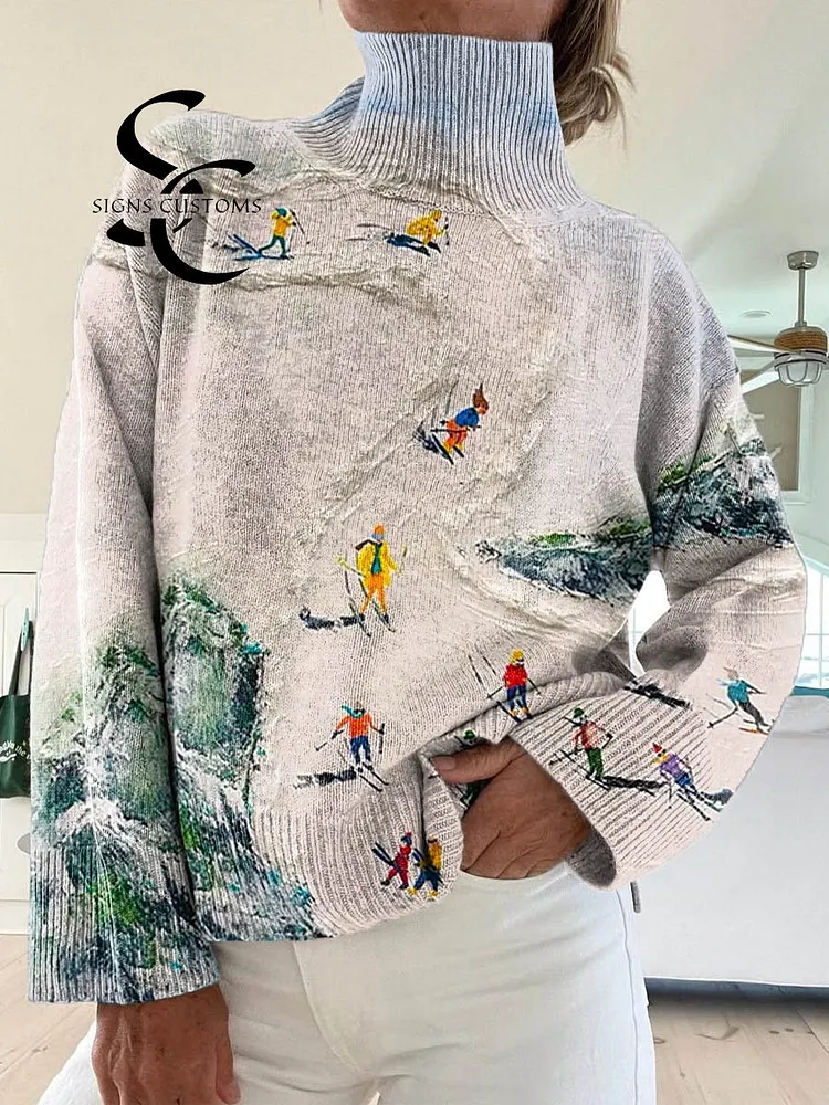 Women's Ski Pattern Art Print Knit Turtleneck Pullover Sweater